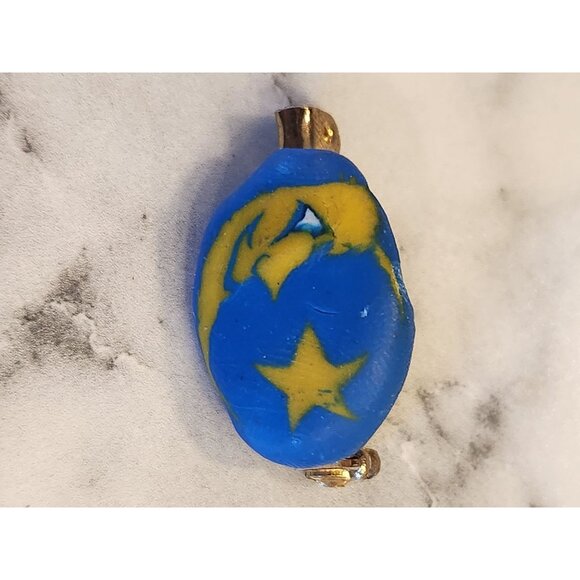 Vintage Blue and Yellow Star Moon Brooch Gold Tone Accents, Celestial Themed Pin - Picture 1 of 3